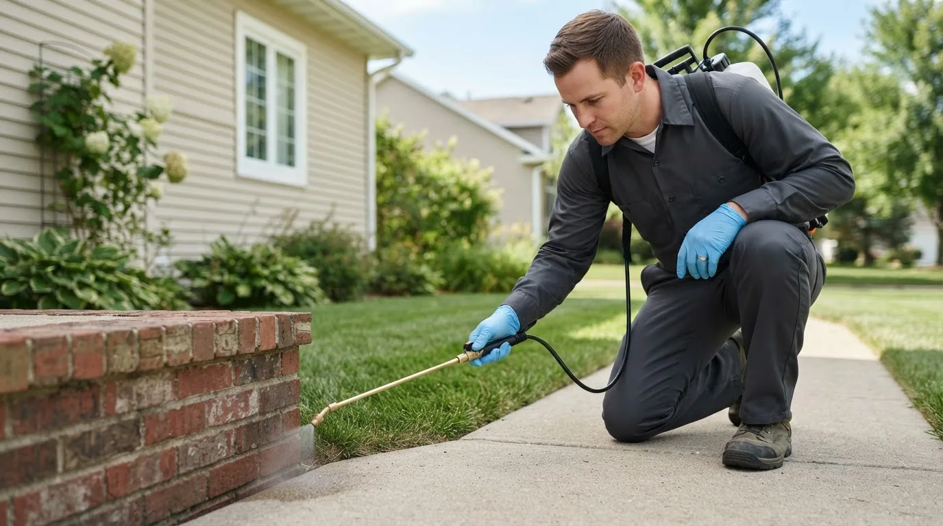 Pest control technician treating a home near Leopolis, WI