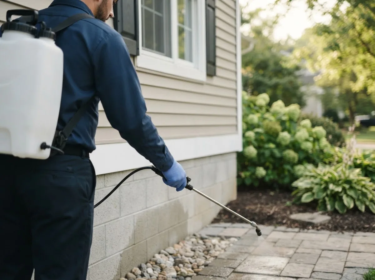 Pest control technician inspecting a home in Leopolis, WI